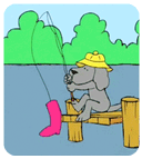 Fisherman in yellow slicker petting dog in yellow rain hat cartoon